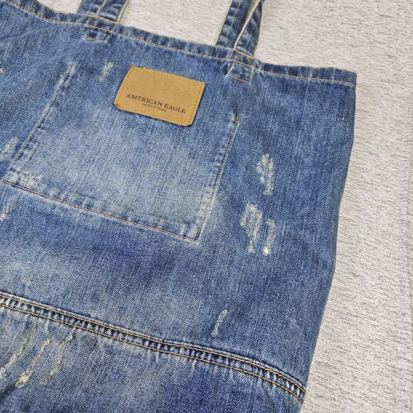 American Eagle Denim Tote Bag Blue AEO Jean Large Distressed Patch Cottage Logo - Picture 16 of 16